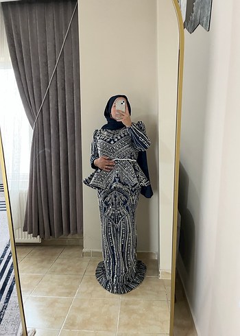 Boncuk İşlemeli lacivert Uzun Abiye Elbise - Görsel 3