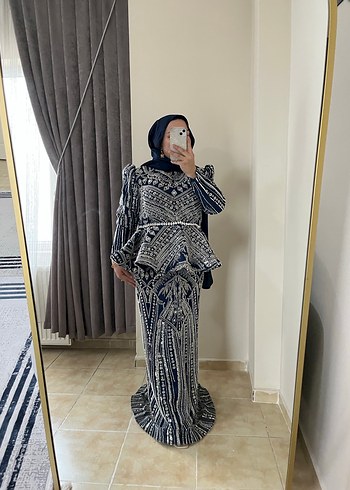 Boncuk İşlemeli lacivert Uzun Abiye Elbise - Görsel 2