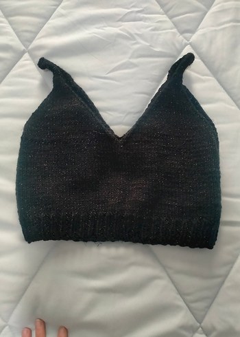 Siyah V Yaka Örgü Crop Top - Görsel 2