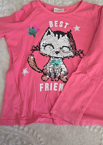 Pembe Payetli Kız Çocuk Uzun Kollu Tişört - Görsel 2