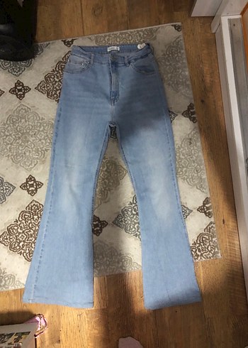 Büzgülü Bağcıklı Mavi Midi Kot Pantolon