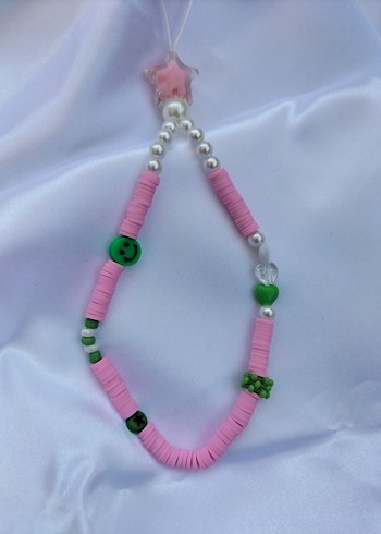 Pembe yeşil fimo ve boncuklu Özel Tasarım telefon charmı
