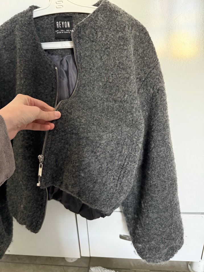 Gri Yün Fermuarlı Kadın Ceket - Görsel 2