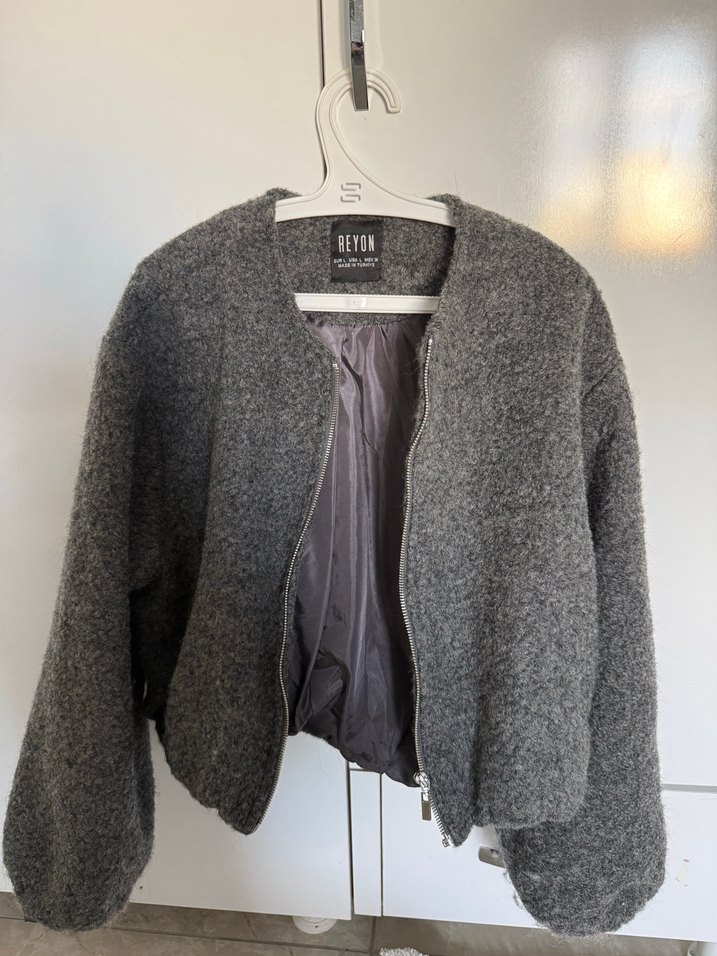 Gri Yün Fermuarlı Kadın Ceket - Görsel 3