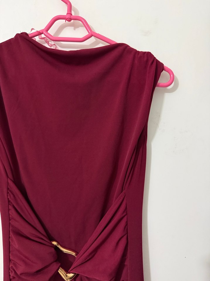 Bordo Drapeli Uzun Kadın Elbise - Görsel 4