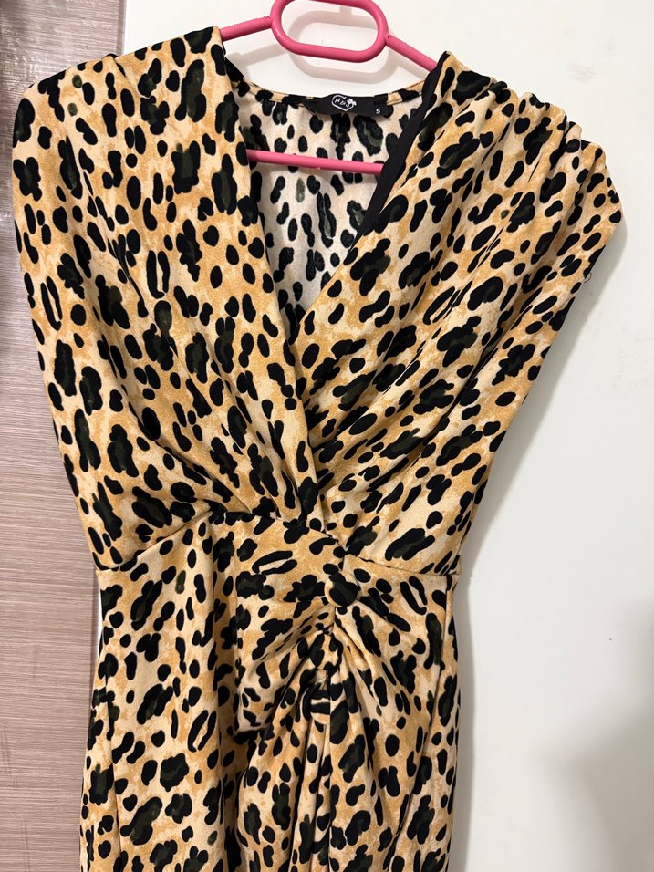 Leopar Desenli Kahverengi Uzun Elbise - Görsel 2