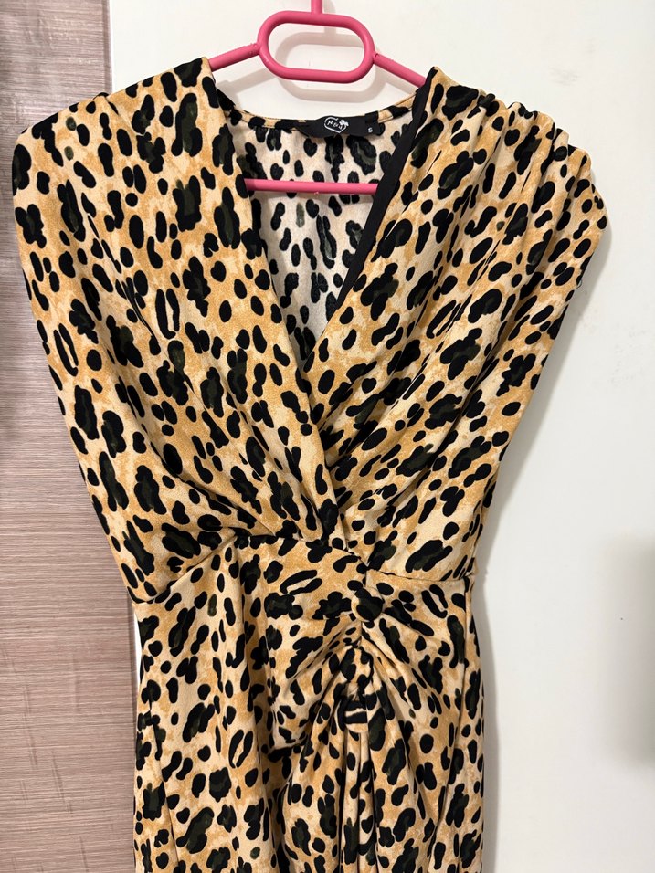 Leopar Desenli Kahverengi Uzun Elbise - Görsel 4