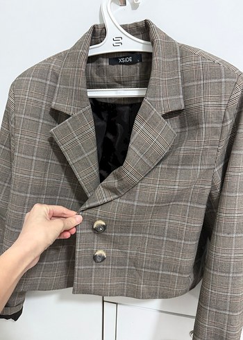 Düğmeli Ekose Desenli Bej Kadın Blazer - Görsel 3