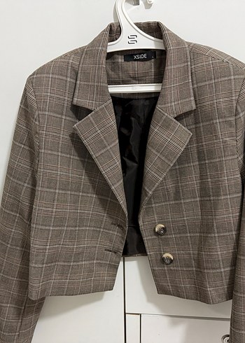 Düğmeli Ekose Desenli Bej Kadın Blazer - Görsel 2