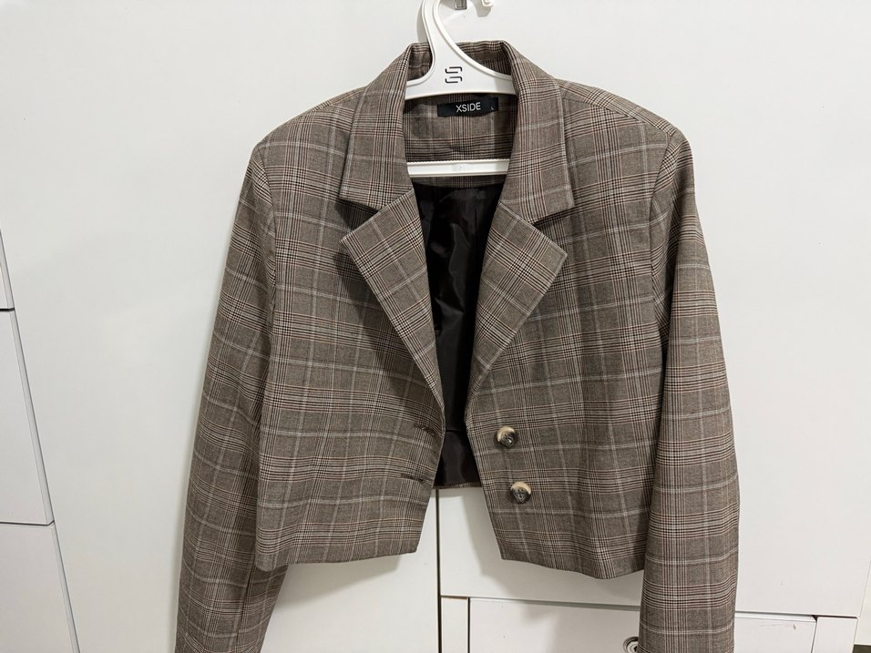 Düğmeli Ekose Desenli Bej Kadın Blazer - Görsel 2