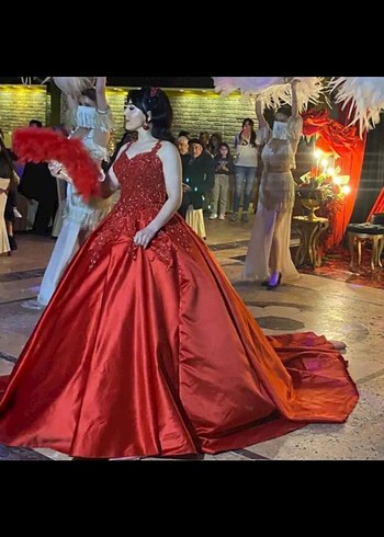 İnci Detaylı Klasik Kırmızı Straplez Kına Elbisesi - Görsel 3