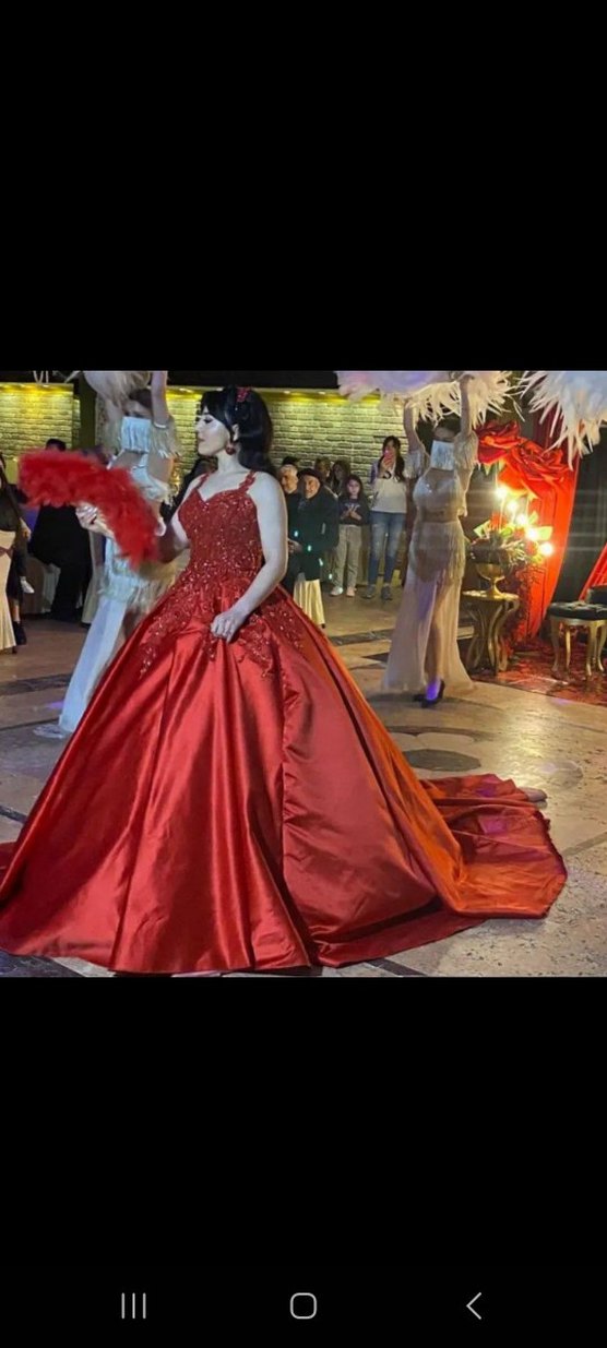 İnci Detaylı Klasik Kırmızı Straplez Kına Elbisesi - Görsel 3