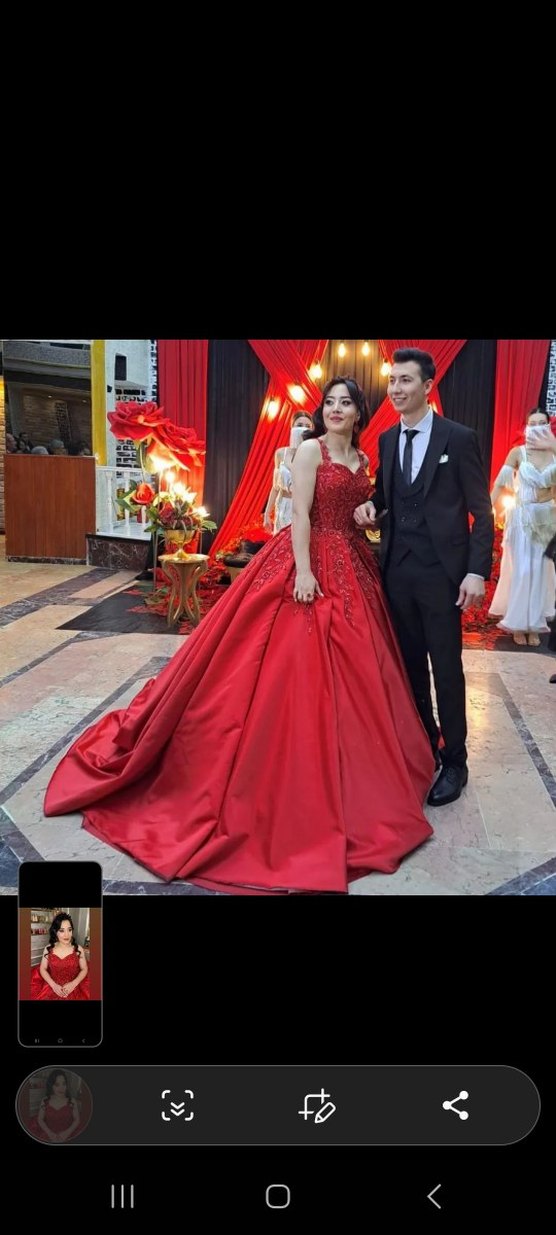 İnci Detaylı Klasik Kırmızı Straplez Kına Elbisesi - Görsel 2