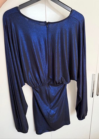 Parlak Lacivert V Yakalı Mini Kokteyl Elbise - Görsel 4