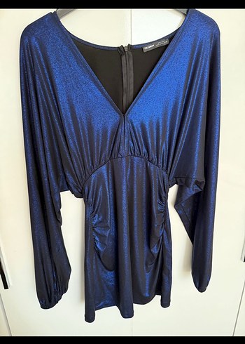 Parlak Lacivert V Yakalı Mini Kokteyl Elbise - Görsel 2