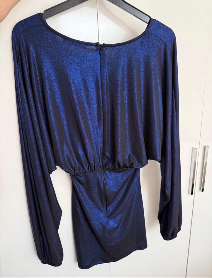 Parlak Lacivert V Yakalı Mini Kokteyl Elbise - Görsel 4