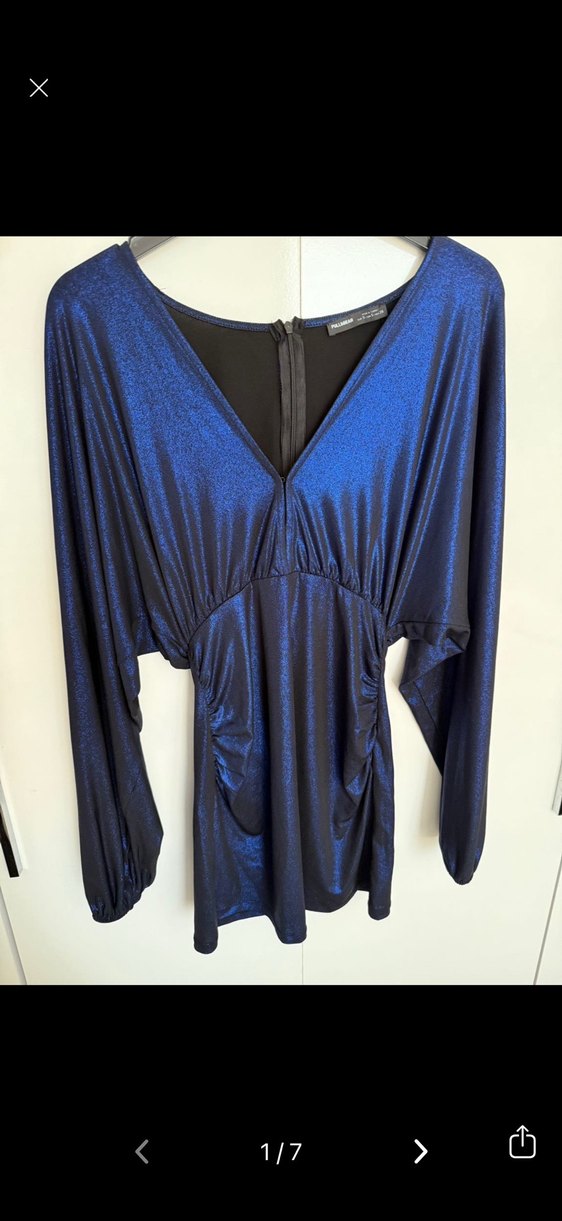 Parlak Lacivert V Yakalı Mini Kokteyl Elbise - Görsel 2