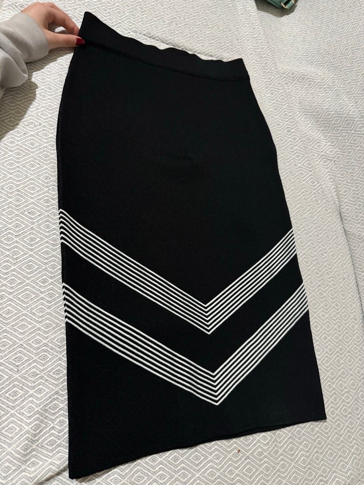 adL Çizgili Pilili Siyah Midi Kalem Etek - Görsel 2