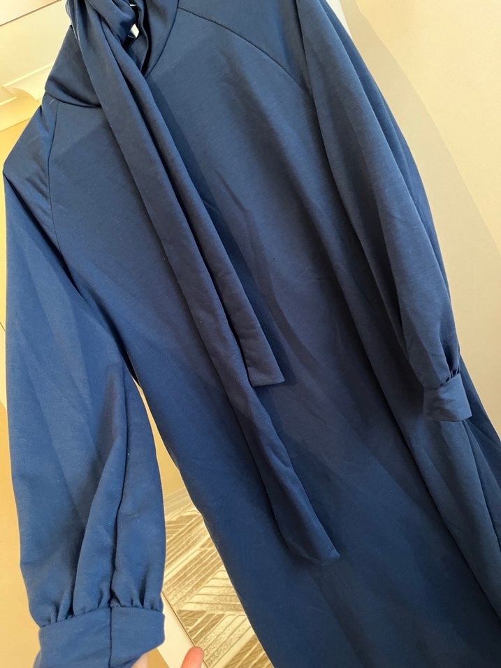 Uzun Kollu Mavi Salaş Uzun Elbise - Görsel 4