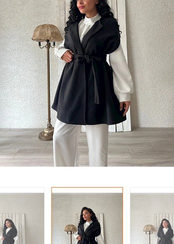 Siyah Kaşe Kemerli Panço Kaban - Görsel 3