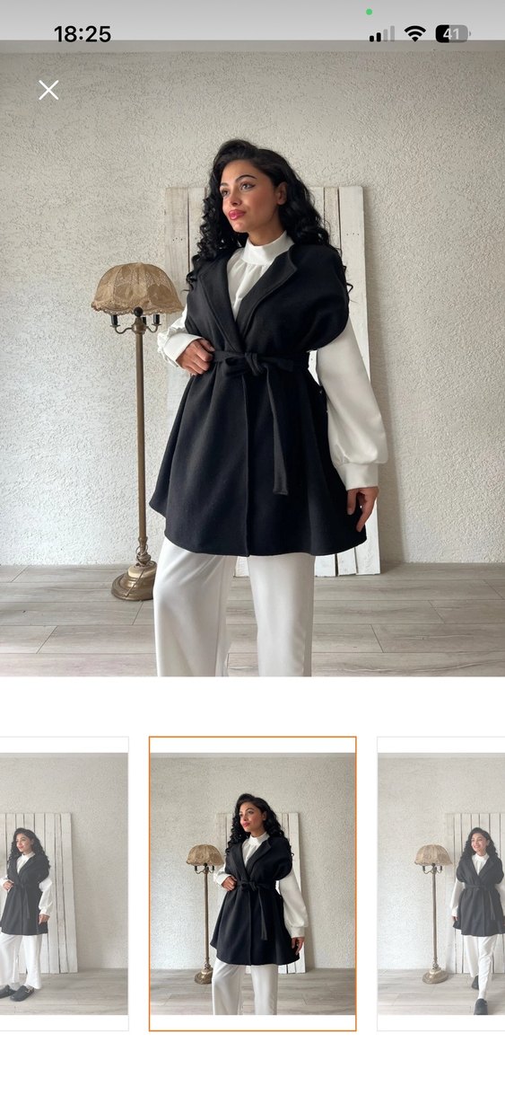 Siyah Kaşe Kemerli Panço Kaban - Görsel 3