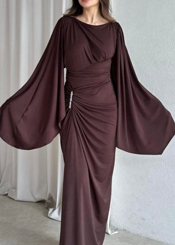 Kahverengi Drapeli Uzun Abiye Elbise - Görsel 2