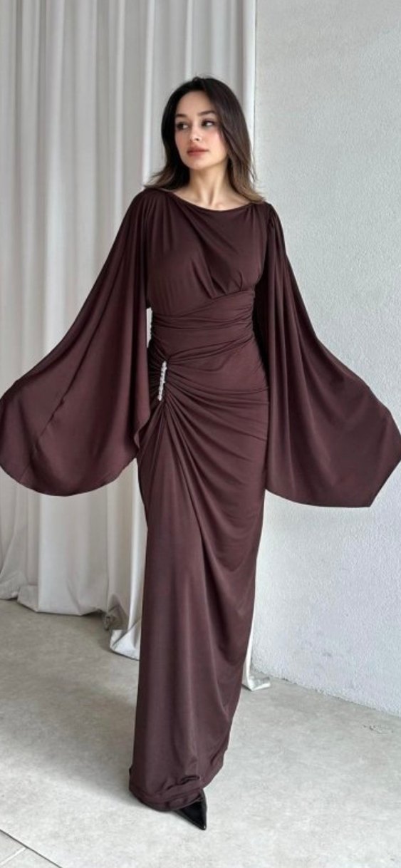 Kahverengi Drapeli Uzun Abiye Elbise - Görsel 2