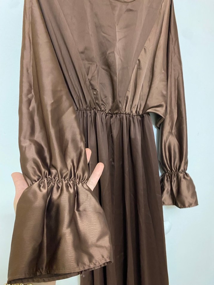 Kahverengi Uzun Kollu Salaş Kadın Elbise - Görsel 2