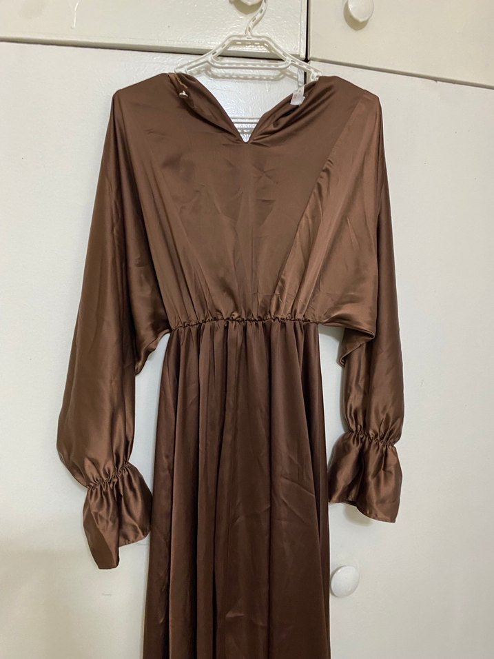 Kahverengi Uzun Kollu Salaş Kadın Elbise - Görsel 4