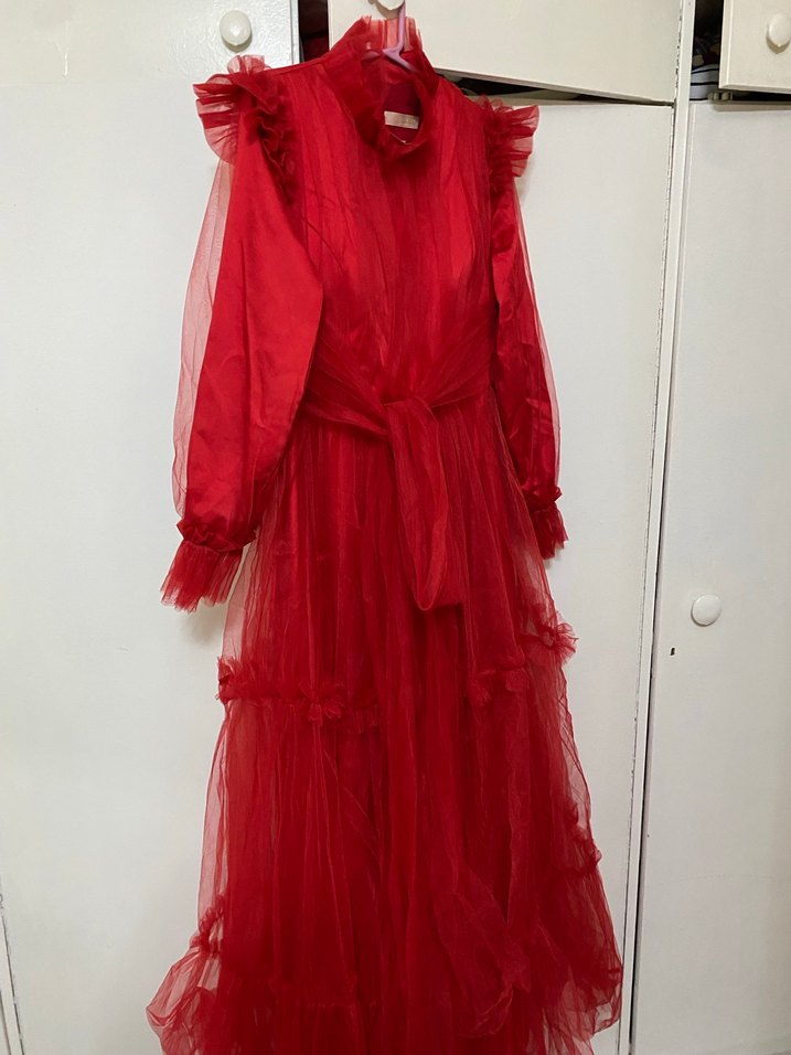 Koyu Kırmızı Uzun Kollu Fırfırlı Uzun Elbise - Görsel 3