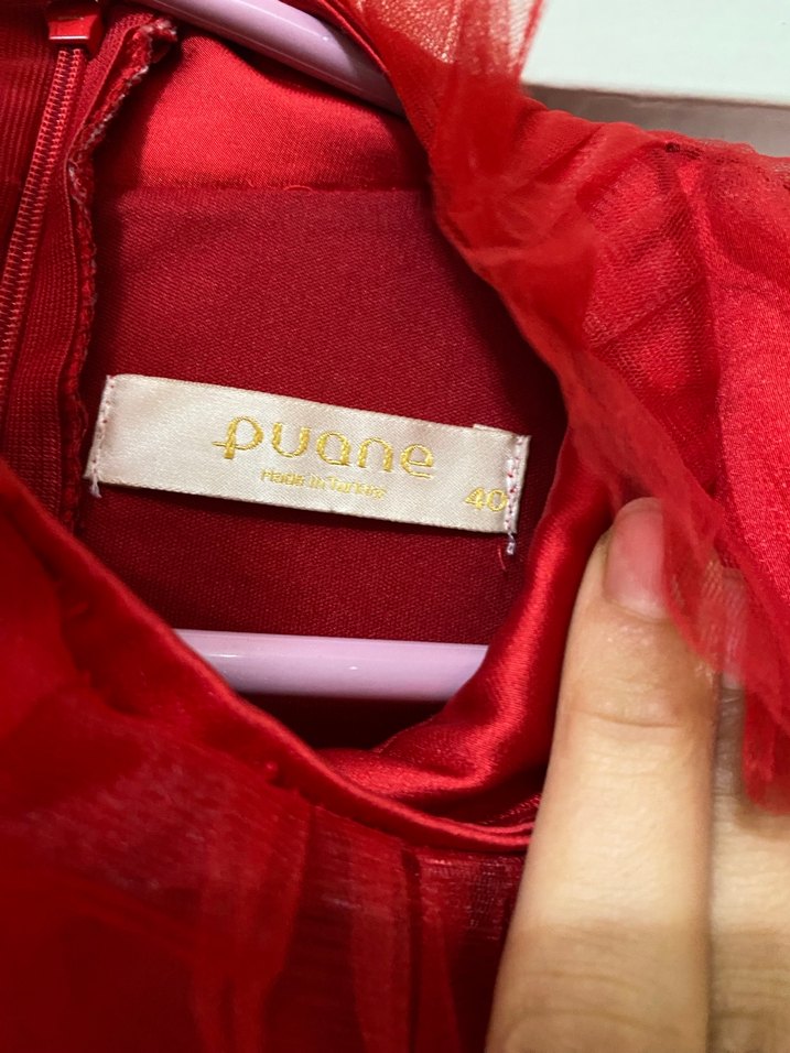 Koyu Kırmızı Uzun Kollu Fırfırlı Uzun Elbise - Görsel 4