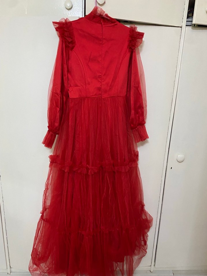 Koyu Kırmızı Uzun Kollu Fırfırlı Uzun Elbise - Görsel 2