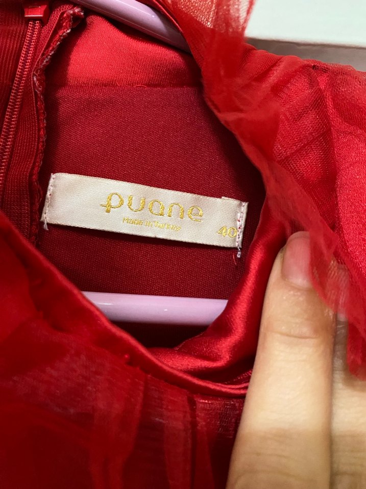 Koyu Kırmızı Uzun Kollu Fırfırlı Uzun Elbise - Görsel 5