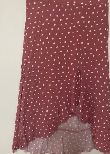 Bordo Puantiyeli Uzun Volanlı Midi Etek - Görsel 3