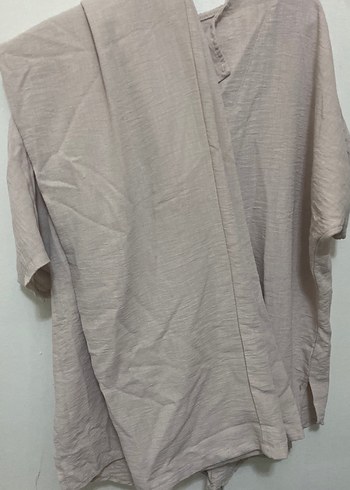 Bej Keten V Yaka Kısa Kollu Kadın Gömlek takım - Görsel 3