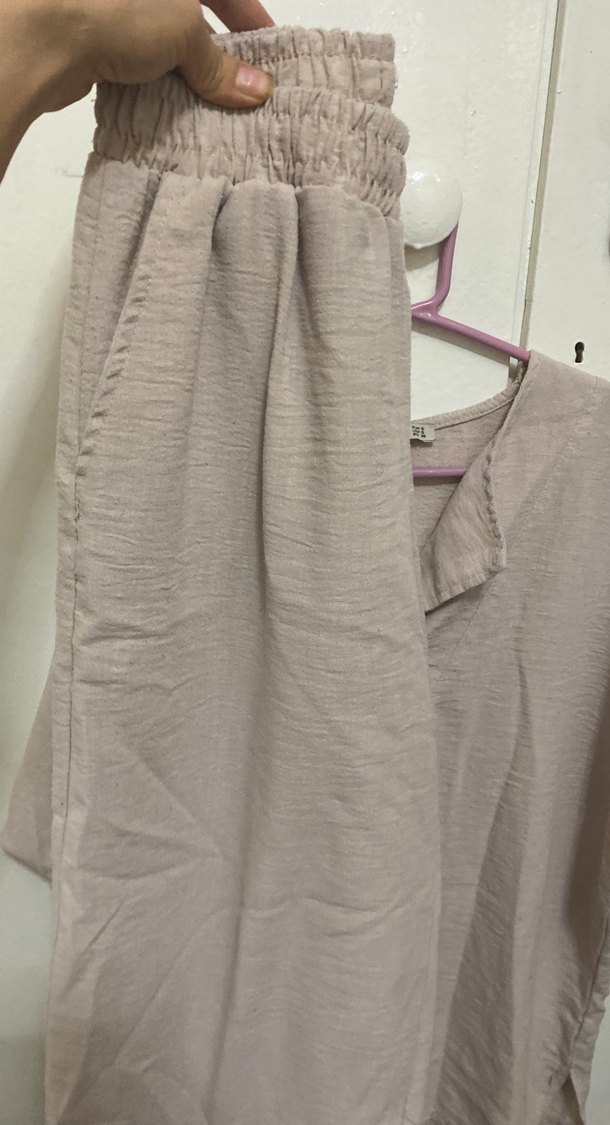 Bej Keten V Yaka Kısa Kollu Kadın Gömlek takım - Görsel 2