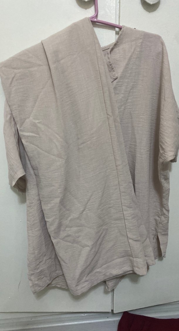 Bej Keten V Yaka Kısa Kollu Kadın Gömlek takım - Görsel 3