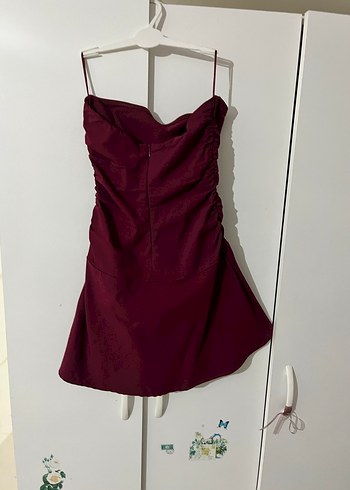 xs Beden Bordo Drapeli Straplez Midi Elbise