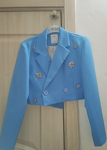 Quzu Nakışlı Mavi Mini Kadın Blazer