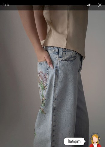 Nakışlı Mavi Loose Fit Kadın Kot Pantolon - Görsel 3