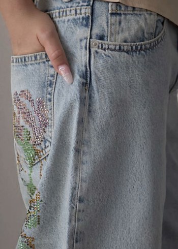 Nakışlı Mavi Loose Fit Kadın Kot Pantolon - Görsel 2