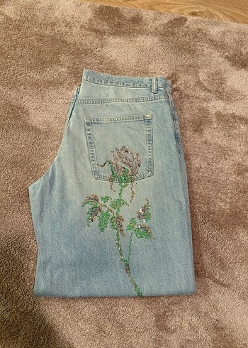 Nakışlı Mavi Loose Fit Kadın Kot Pantolon - Görsel 5