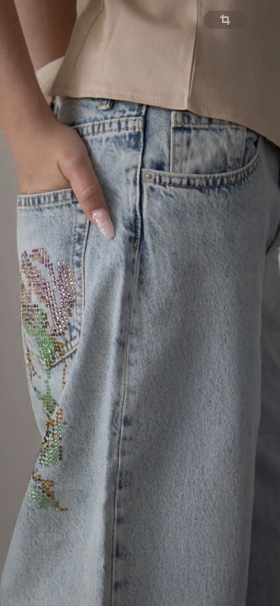 Nakışlı Mavi Loose Fit Kadın Kot Pantolon - Görsel 2