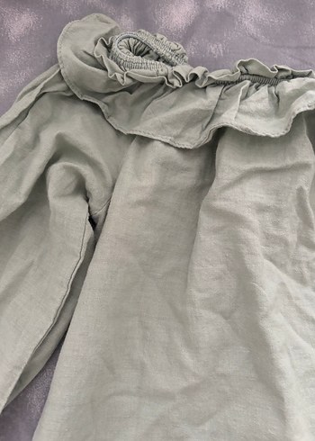 Fırfırlı Yeşil Keten Kadın Bluz - Görsel 2