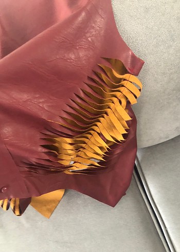 Bordo Deri Drapeli Kolsuz Kadın Yelek - Görsel 4
