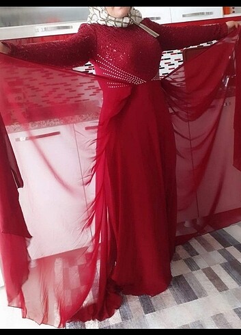 Şifon payetli bordo abiye - Görsel 4