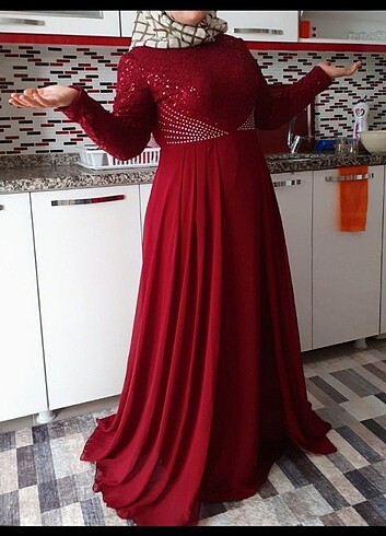 Şifon payetli bordo abiye - Görsel 5