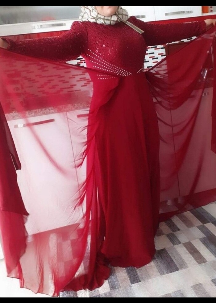 Şifon payetli bordo abiye - Görsel 4