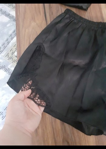 46 Beden siyah Renk Siyah Dantelli Mini Askılı şortlu Takımı