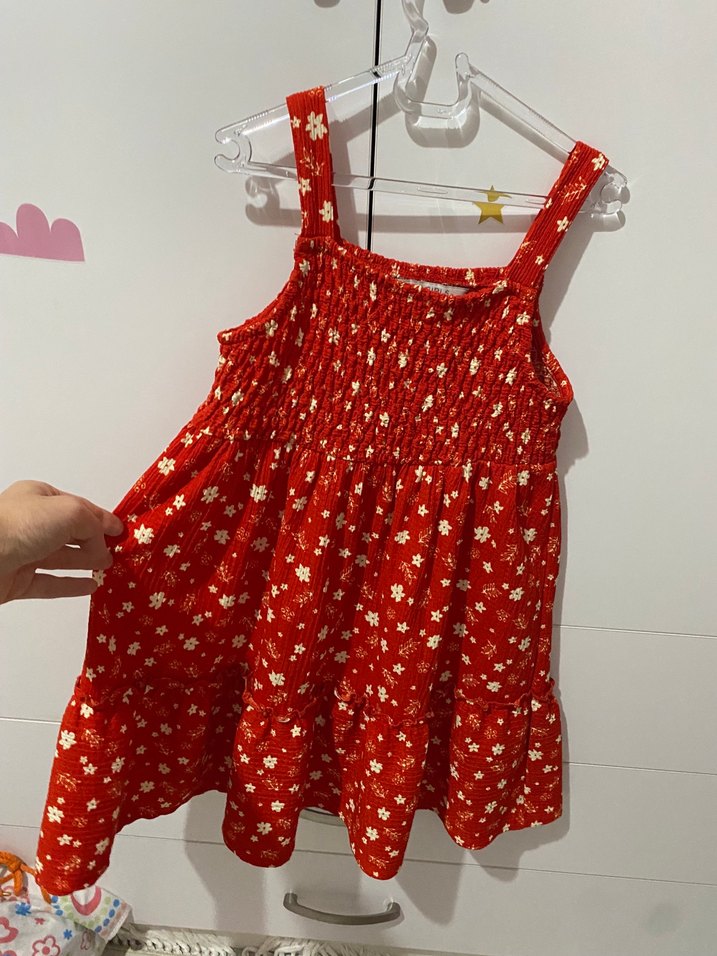 Kız Çocuk Kırmızı Askılı Çiçekli Elbise - Görsel 5